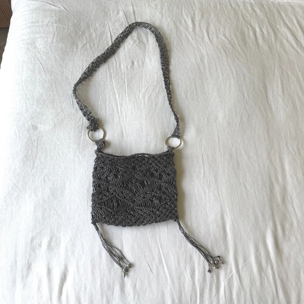 Y2K Gunmetal Metallic Crochet Mesh Crossbody Bag Fringe‎ Tassels Broken Ring
